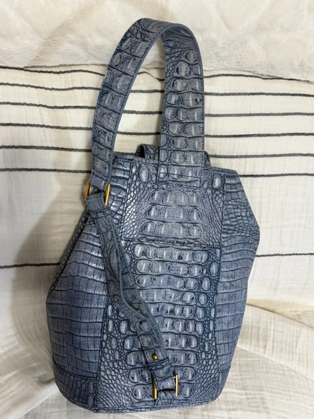 Brahmin Maddie Sling Backpack with Croc-Embossed Denim Leather Finish